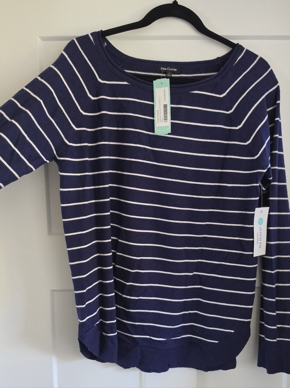 Navy & White Striped Women’s Boatneck Bamboo Light Weight Sweater (Pink Clover)